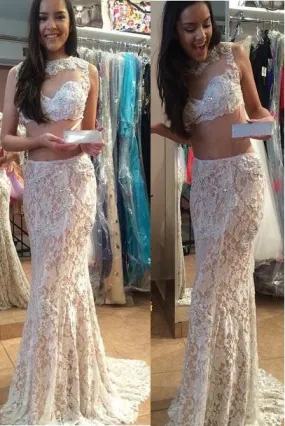 2 Piece Sexy Lace Mermaid Prom Dress With Beading Backless Court Train Evening Gowns,SVD346