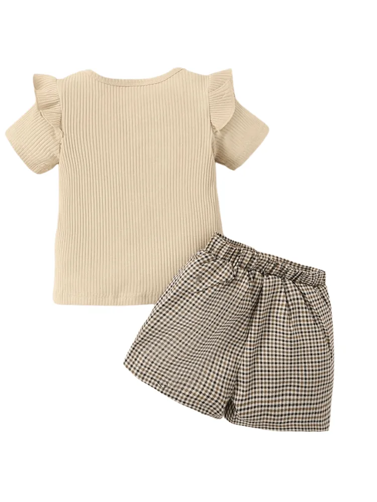 2PCS Toddler Baby Girl Clothes Set Short Sleeve Top   Checkered Shorts 1-6Y