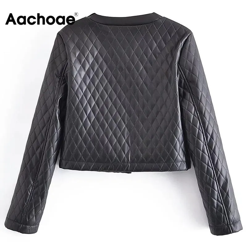 Aachoae Frauen Schwarz Farbe Pu Kunstleder Cropped Jackel Einreihig Langarm Mäntel Argyle Oberbekleidung Tops