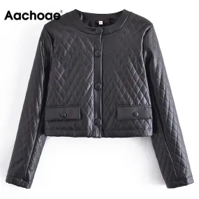 Aachoae Frauen Schwarz Farbe Pu Kunstleder Cropped Jackel Einreihig Langarm Mäntel Argyle Oberbekleidung Tops