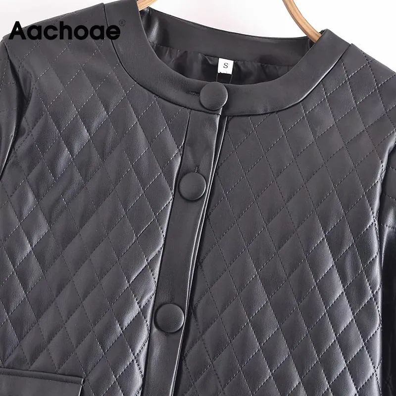 Aachoae Frauen Schwarz Farbe Pu Kunstleder Cropped Jackel Einreihig Langarm Mäntel Argyle Oberbekleidung Tops