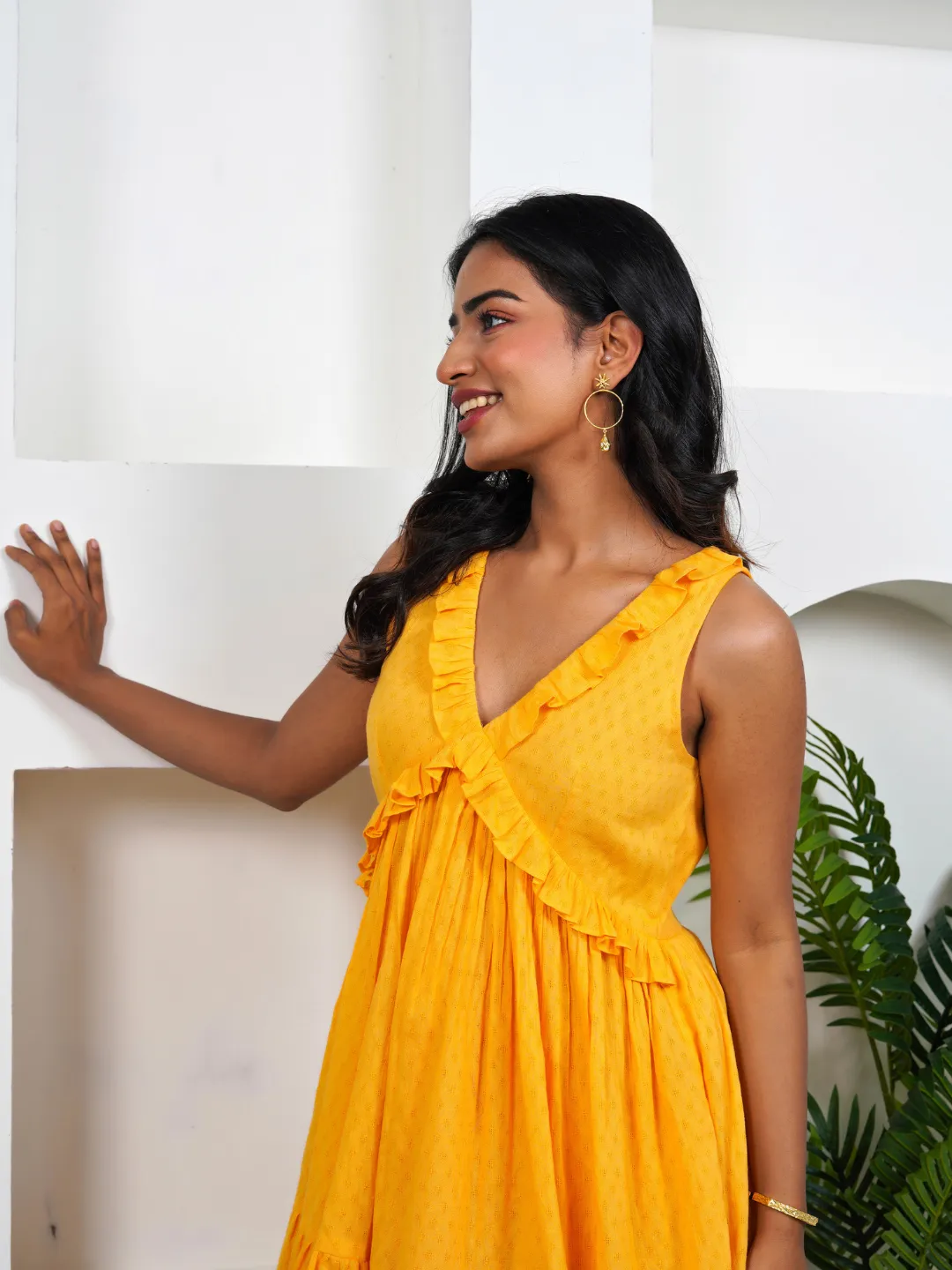 Amber Ruffle Yellow Cotton Mini Dress