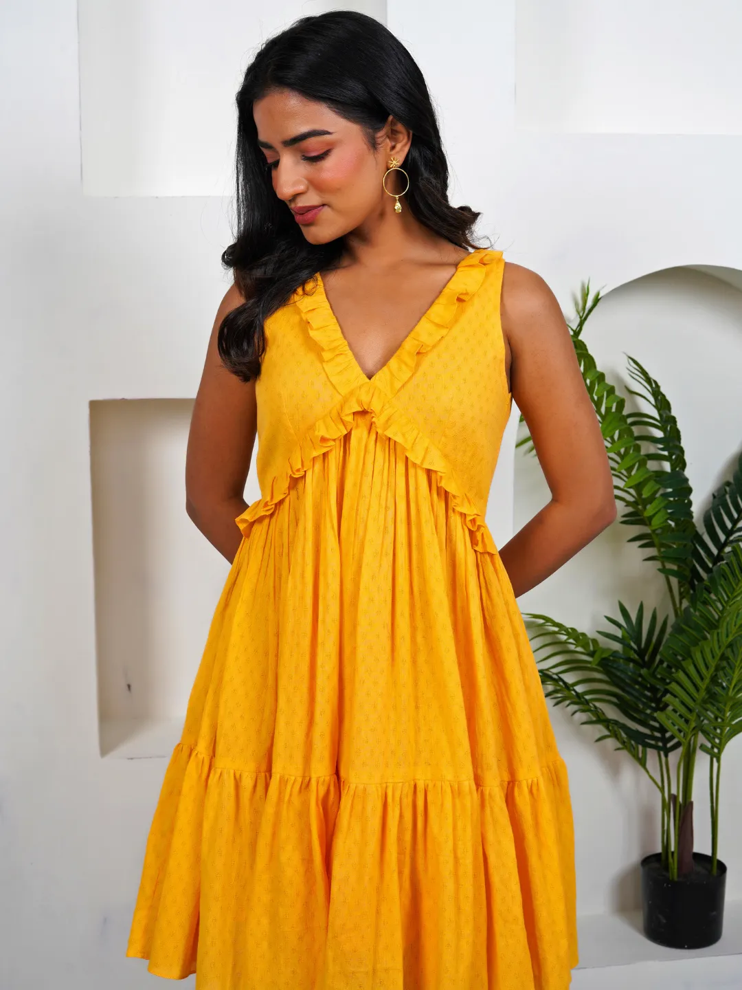 Amber Ruffle Yellow Cotton Mini Dress