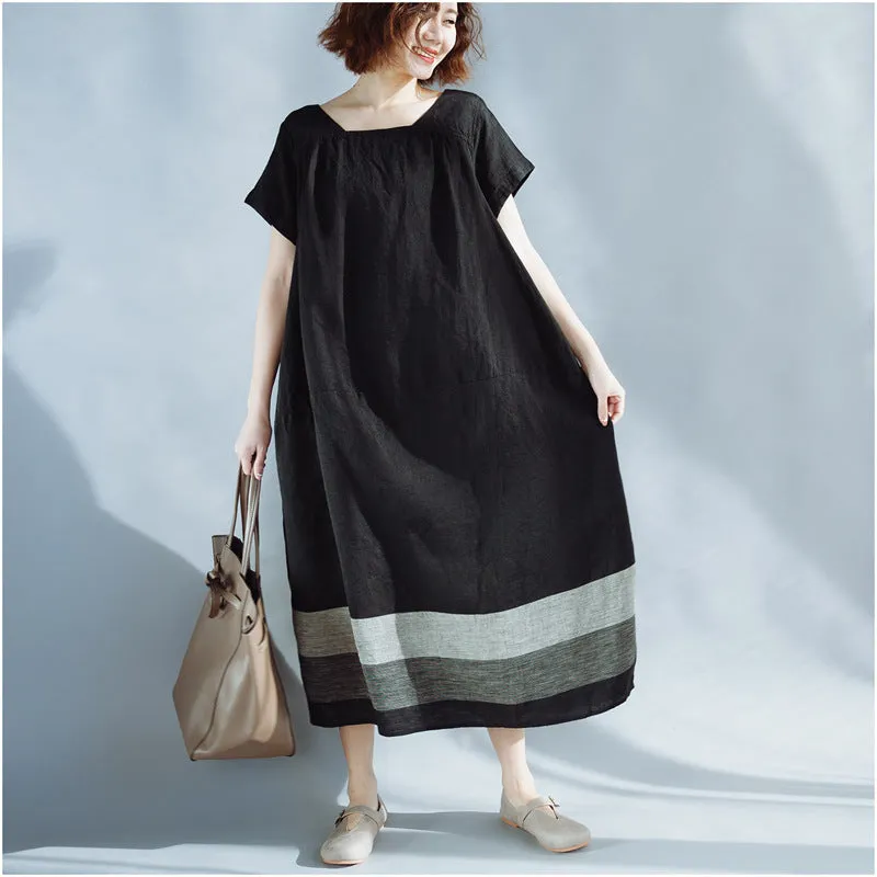 Artsy Plus Size Color Block Cotton Linen Dress