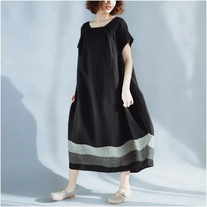 Artsy Plus Size Color Block Cotton Linen Dress