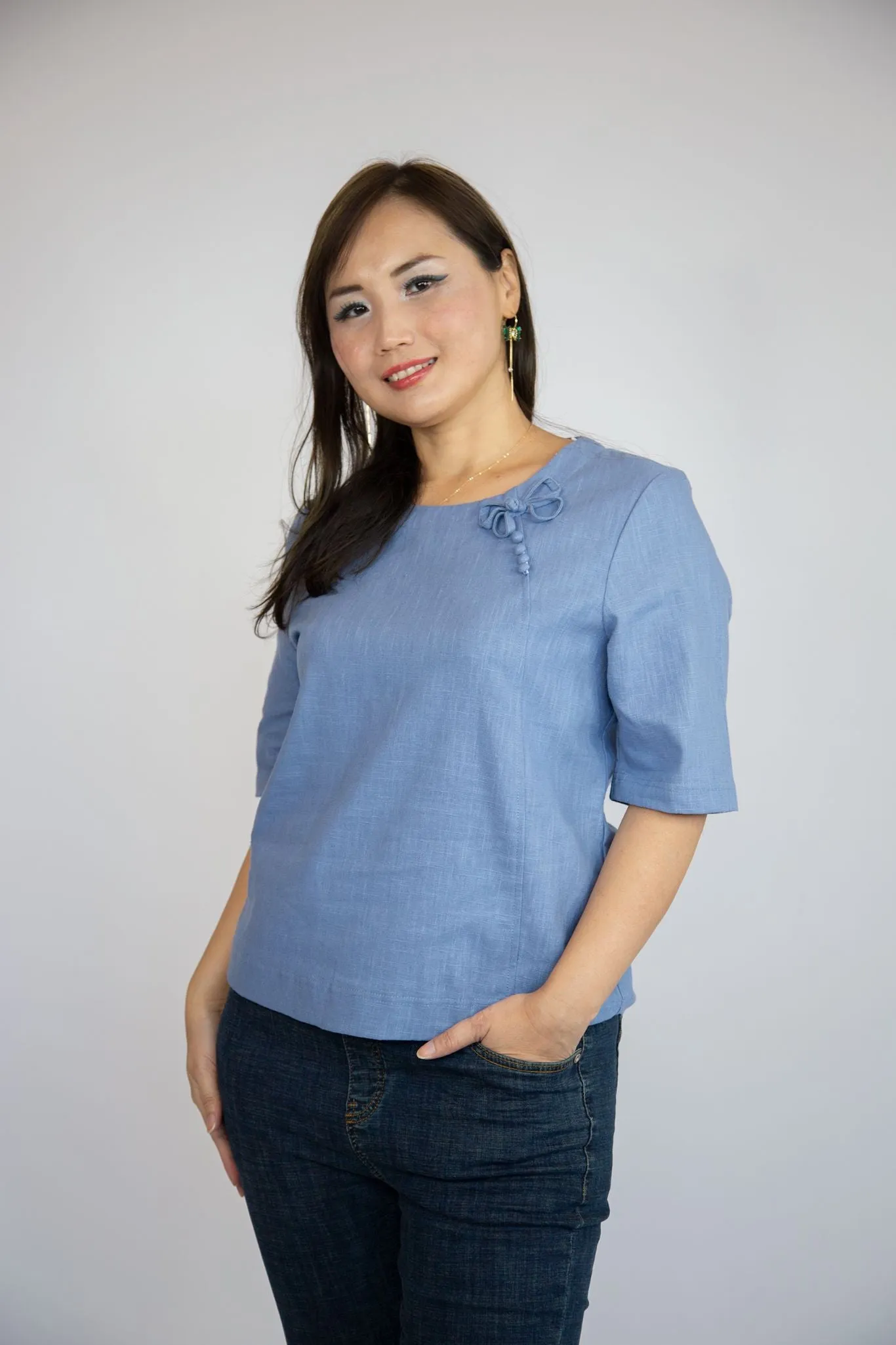 Basic Linen Blouse with Ribbon Detailing