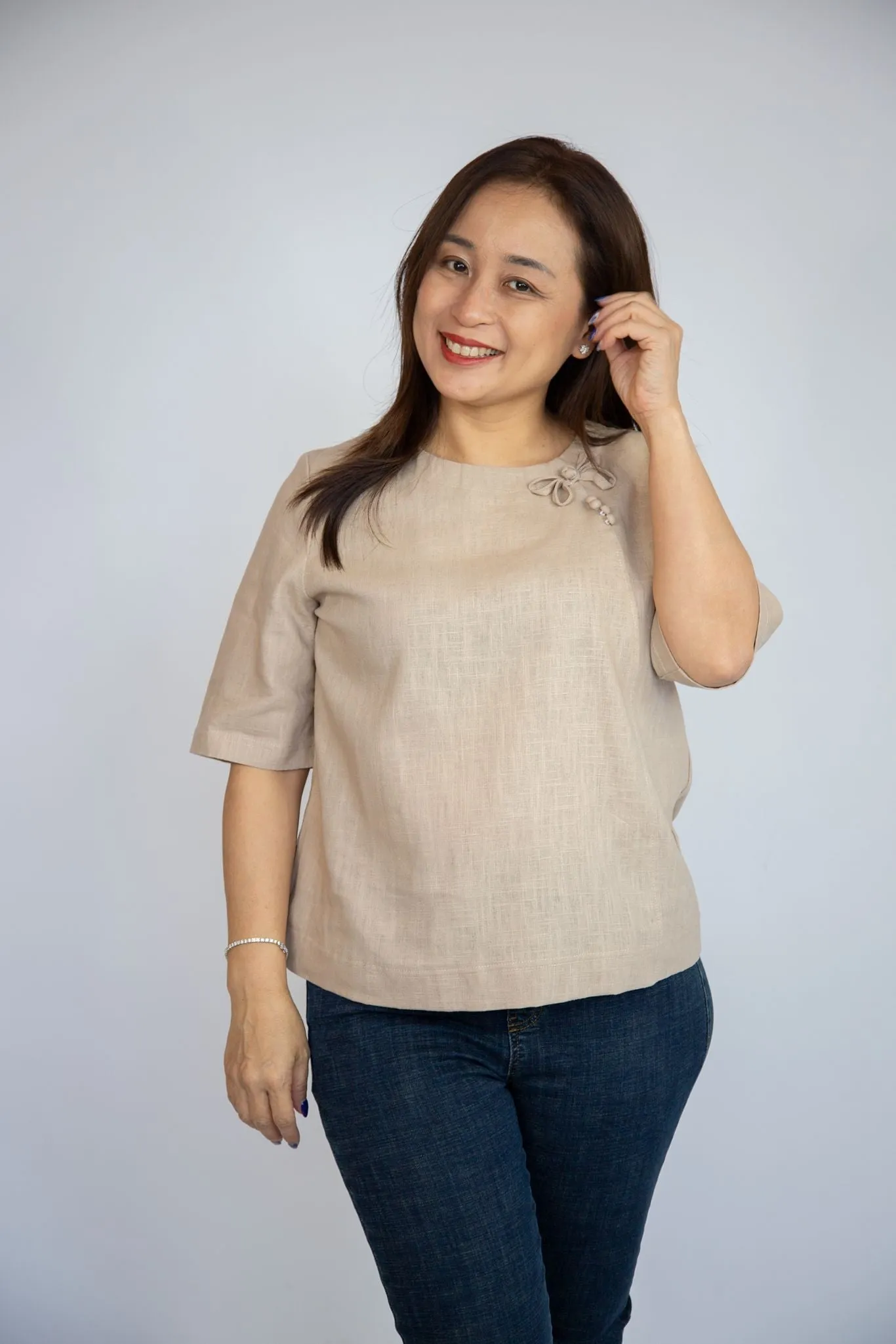 Basic Linen Blouse with Ribbon Detailing