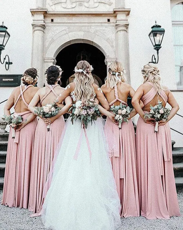 Beautiful A-line Blush Pink Mismatched Long Bridesmaid Dresses, BD101