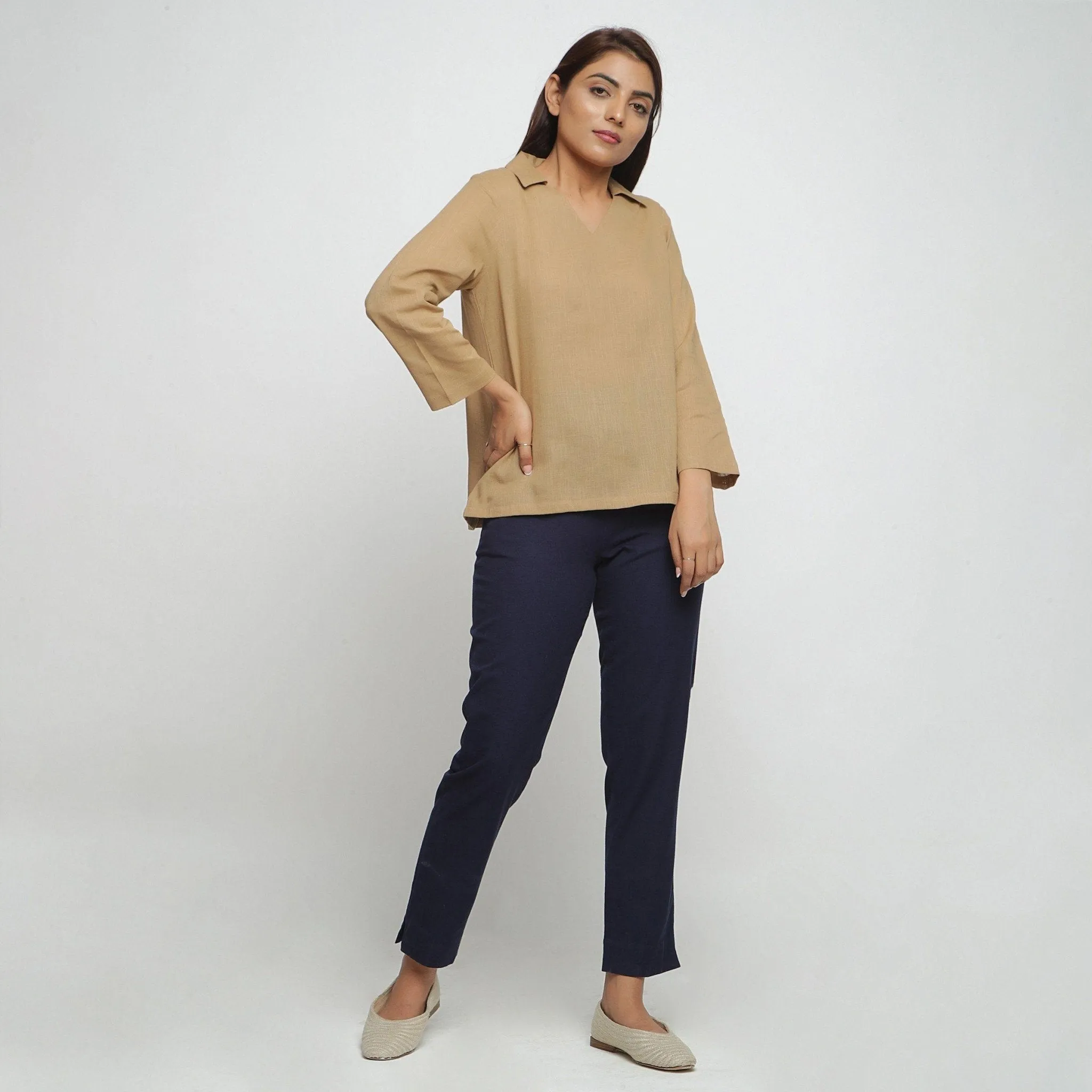 Beige Flat Collar 100% Cotton Comfort Fit Top