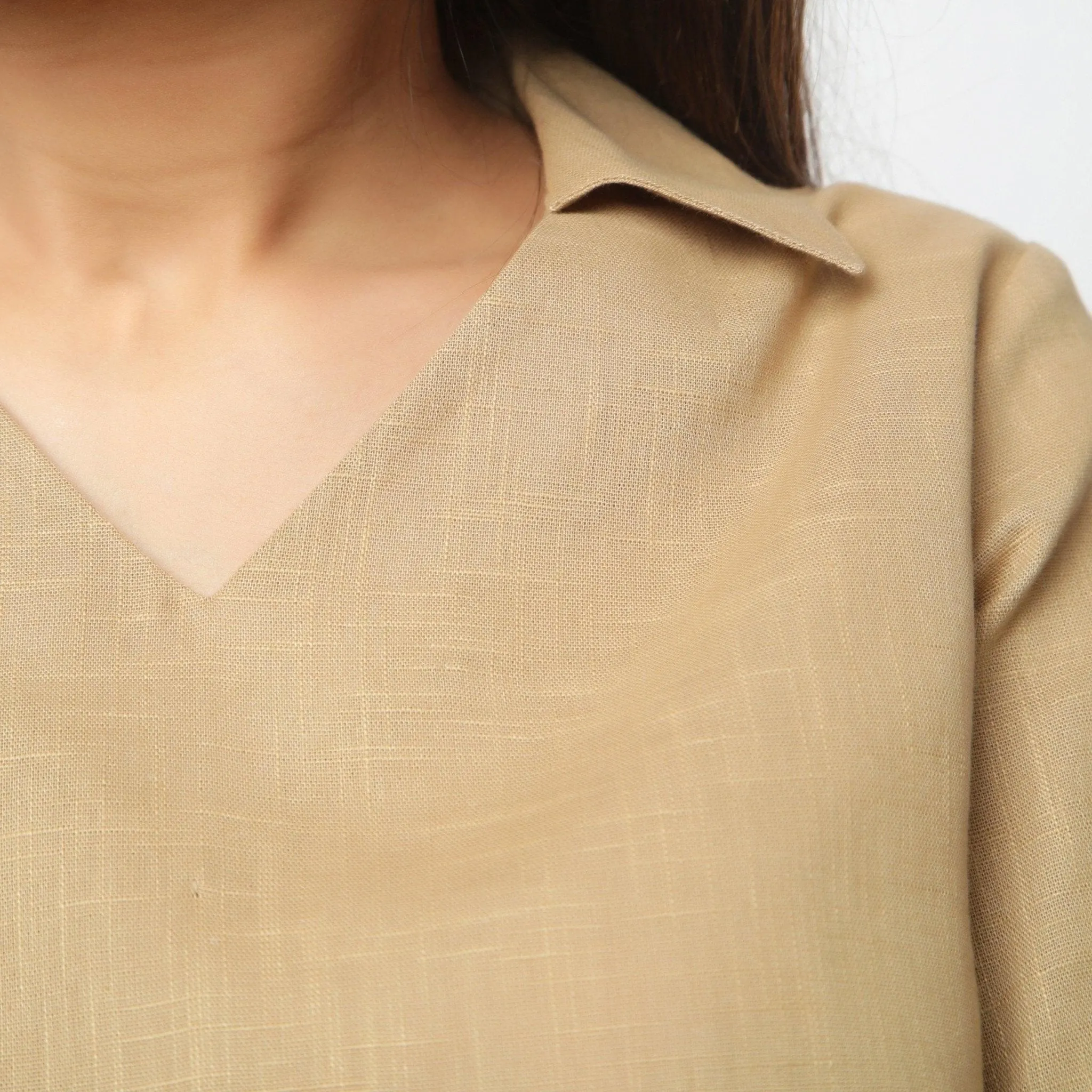 Beige Flat Collar 100% Cotton Comfort Fit Top