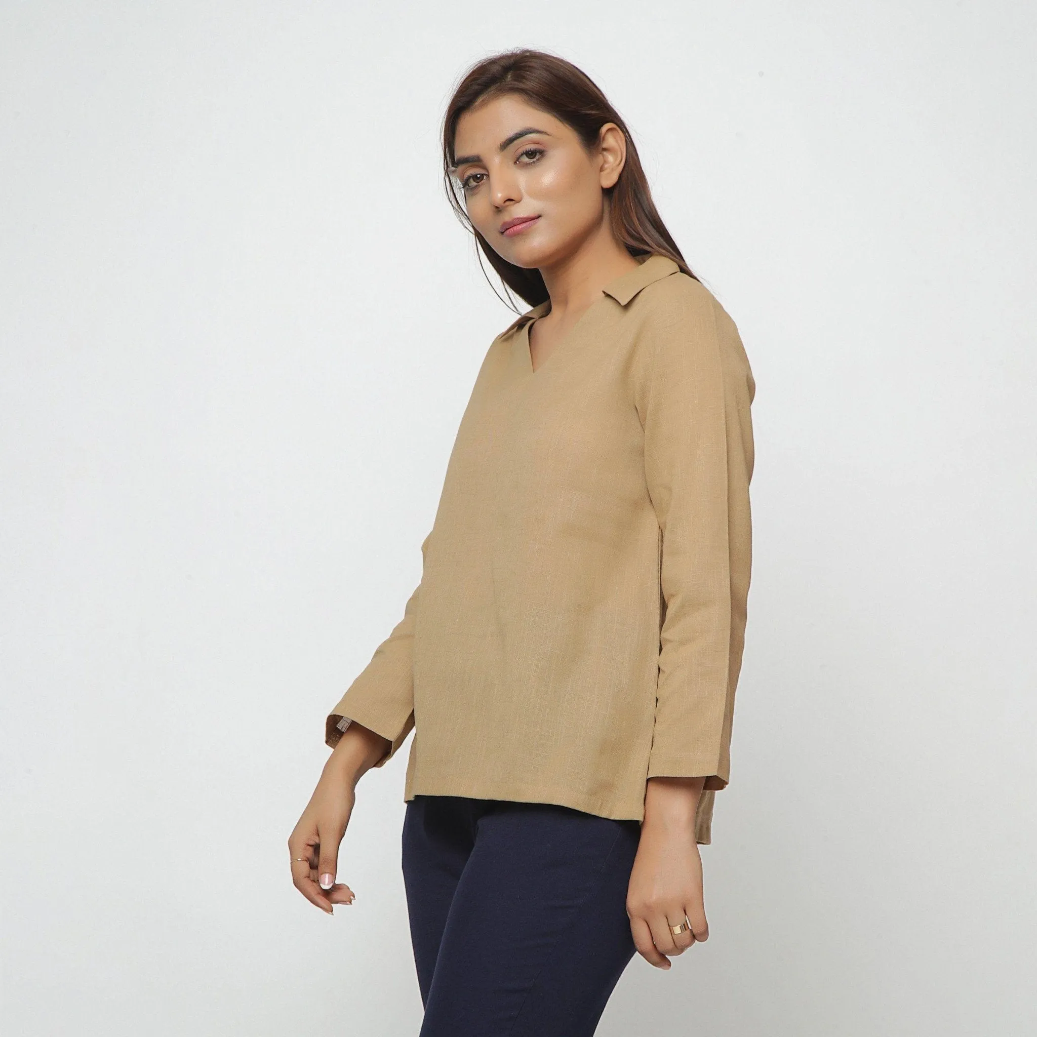 Beige Flat Collar 100% Cotton Comfort Fit Top