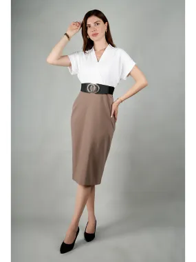 Beige Spandex Sparkling Color Block Blouson Dress With Belt