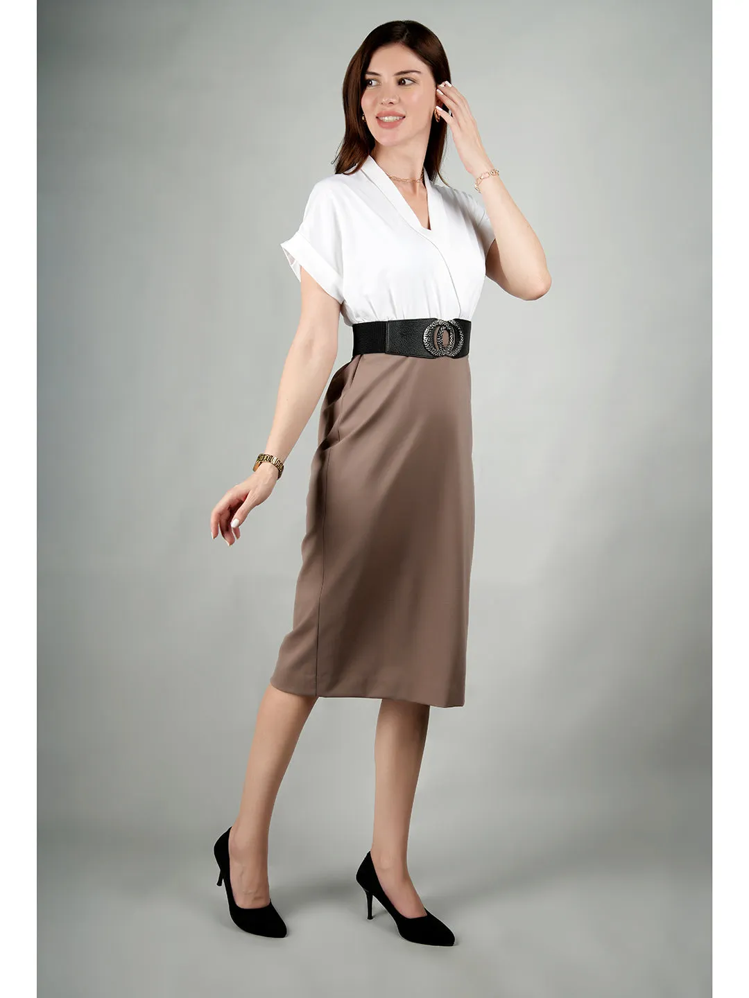 Beige Spandex Sparkling Color Block Blouson Dress With Belt