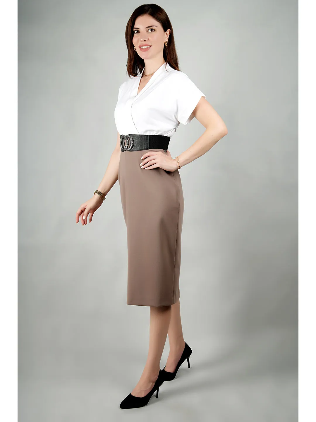 Beige Spandex Sparkling Color Block Blouson Dress With Belt