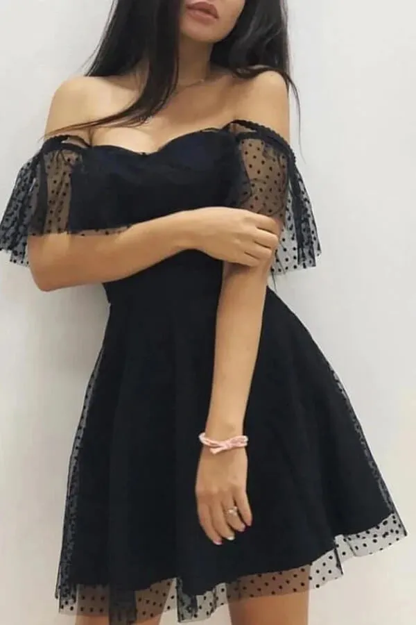 Black A-line Tulle Off-the-Shoulder Homecoming Dresses, Graduation Dresses, SH615