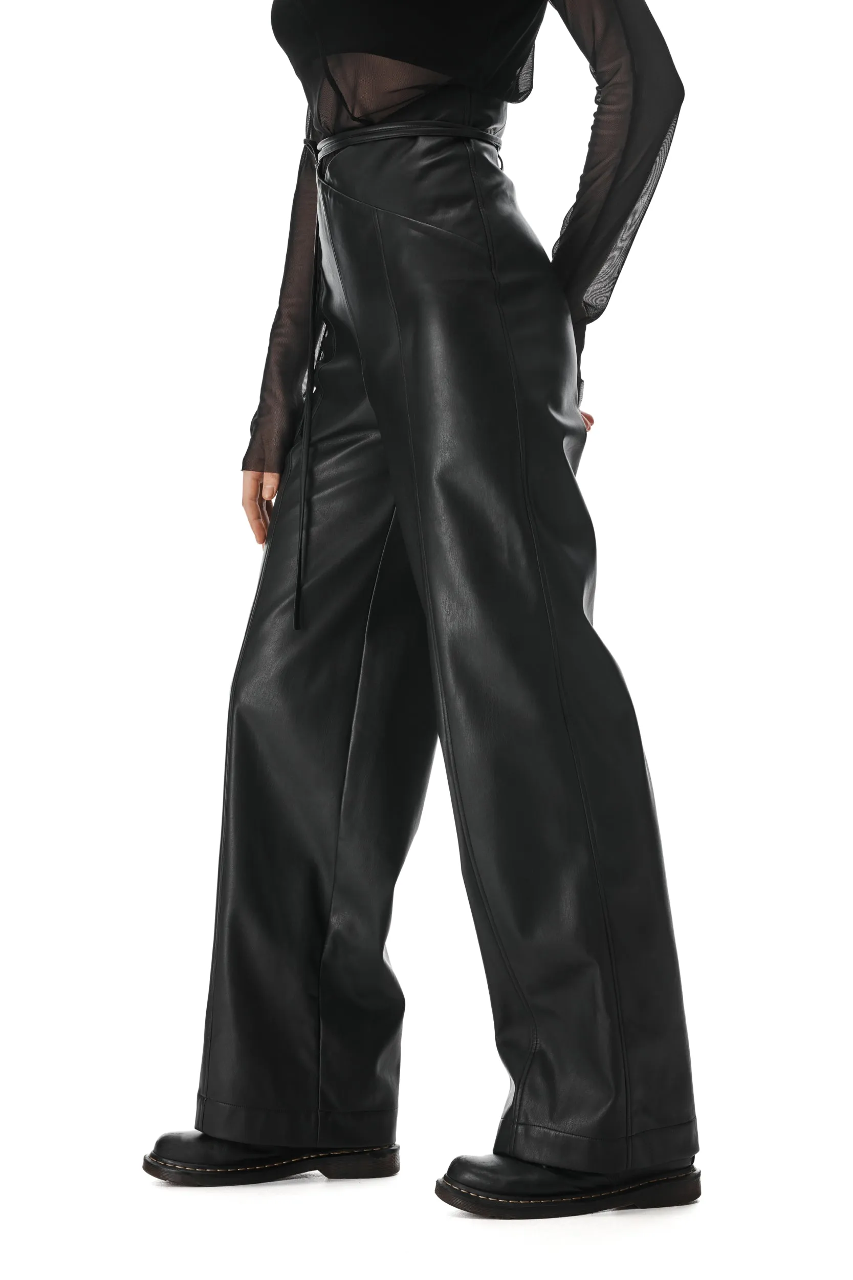 Black Faux Leather V-cut Pants