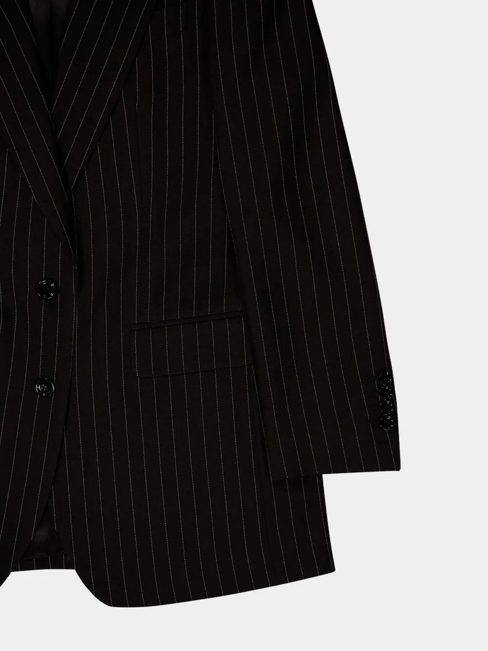 Black Single-Breasted Pinstripe Wool Jacket