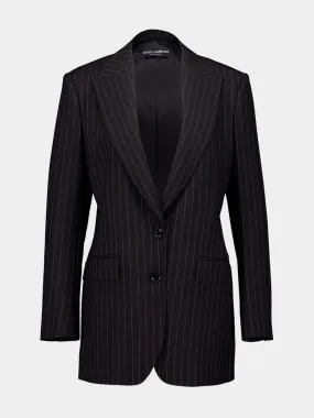 Black Single-Breasted Pinstripe Wool Jacket