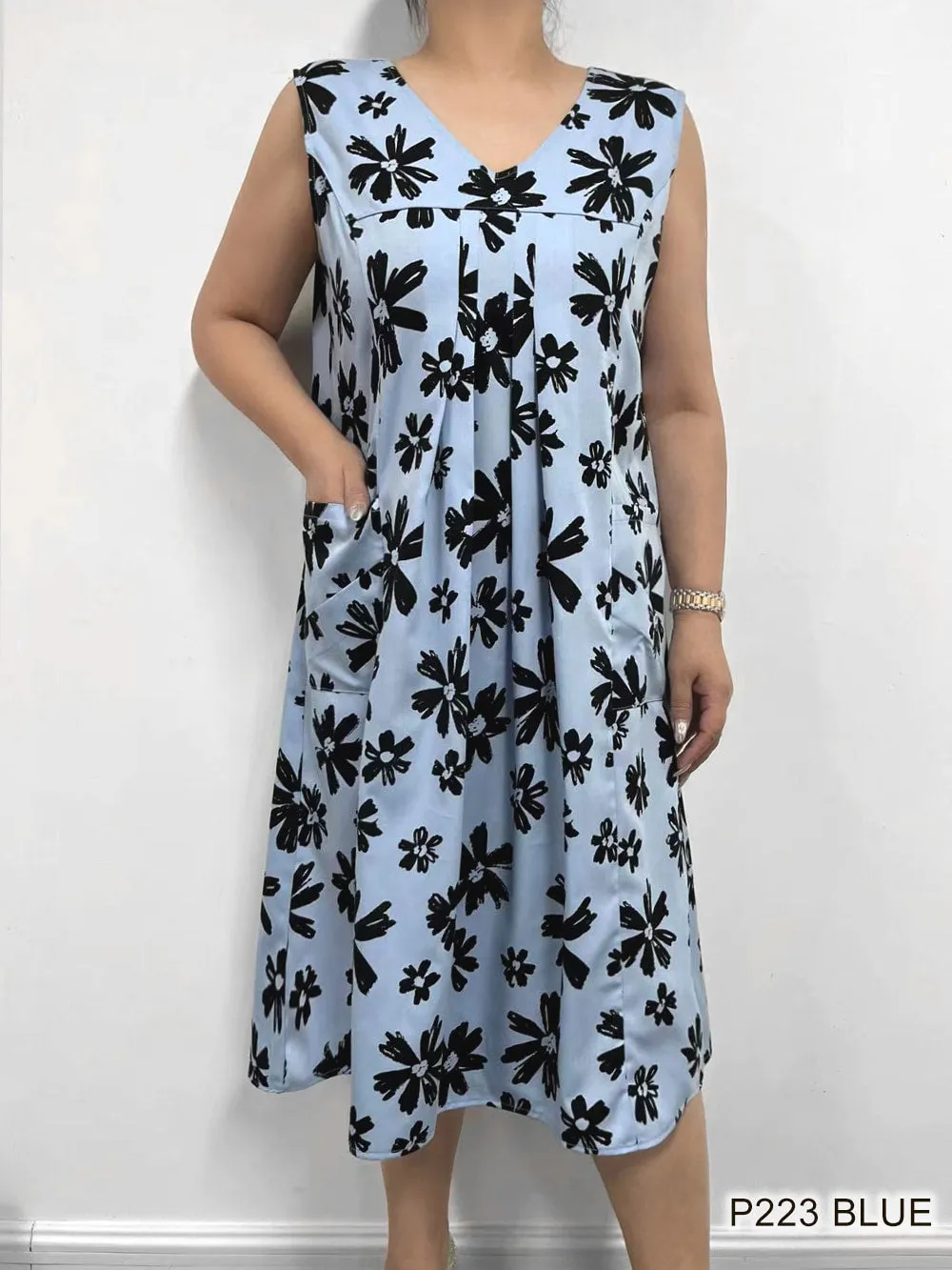 Blue floral trendy pockets dress P223