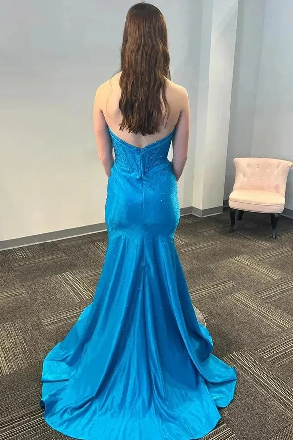 Blue Satin Mermaid Strapless Beaded Long Prom Dresses With Train, SLP034