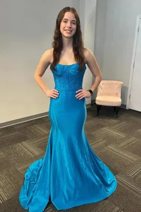 Blue Satin Mermaid Strapless Beaded Long Prom Dresses With Train, SLP034