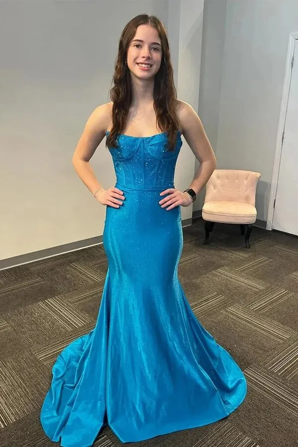 Blue Satin Mermaid Strapless Beaded Long Prom Dresses With Train, SLP034