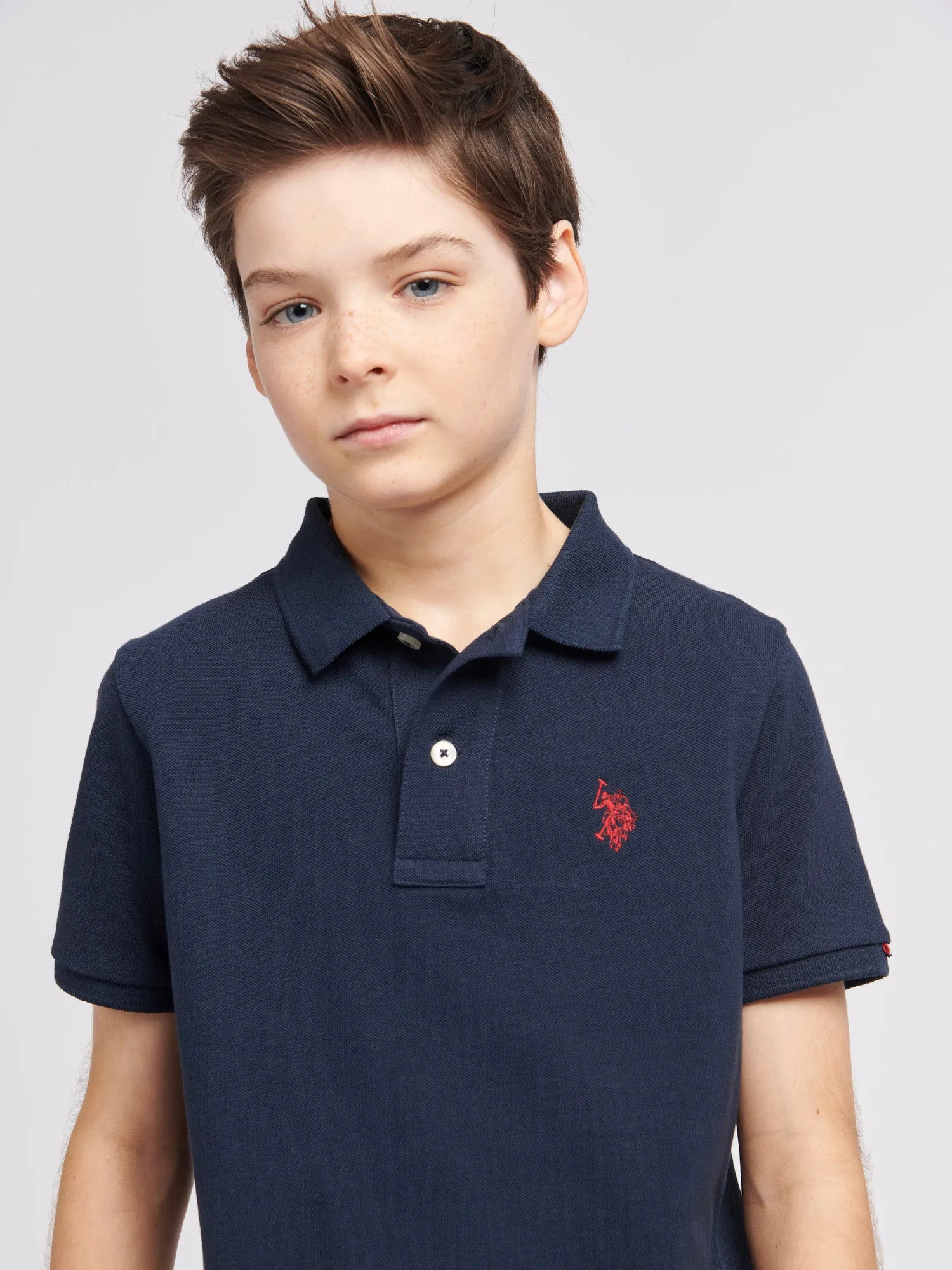 Boys Double Horsemen Polo Shirt in Dark Sapphire Navy / Haute Red DHM