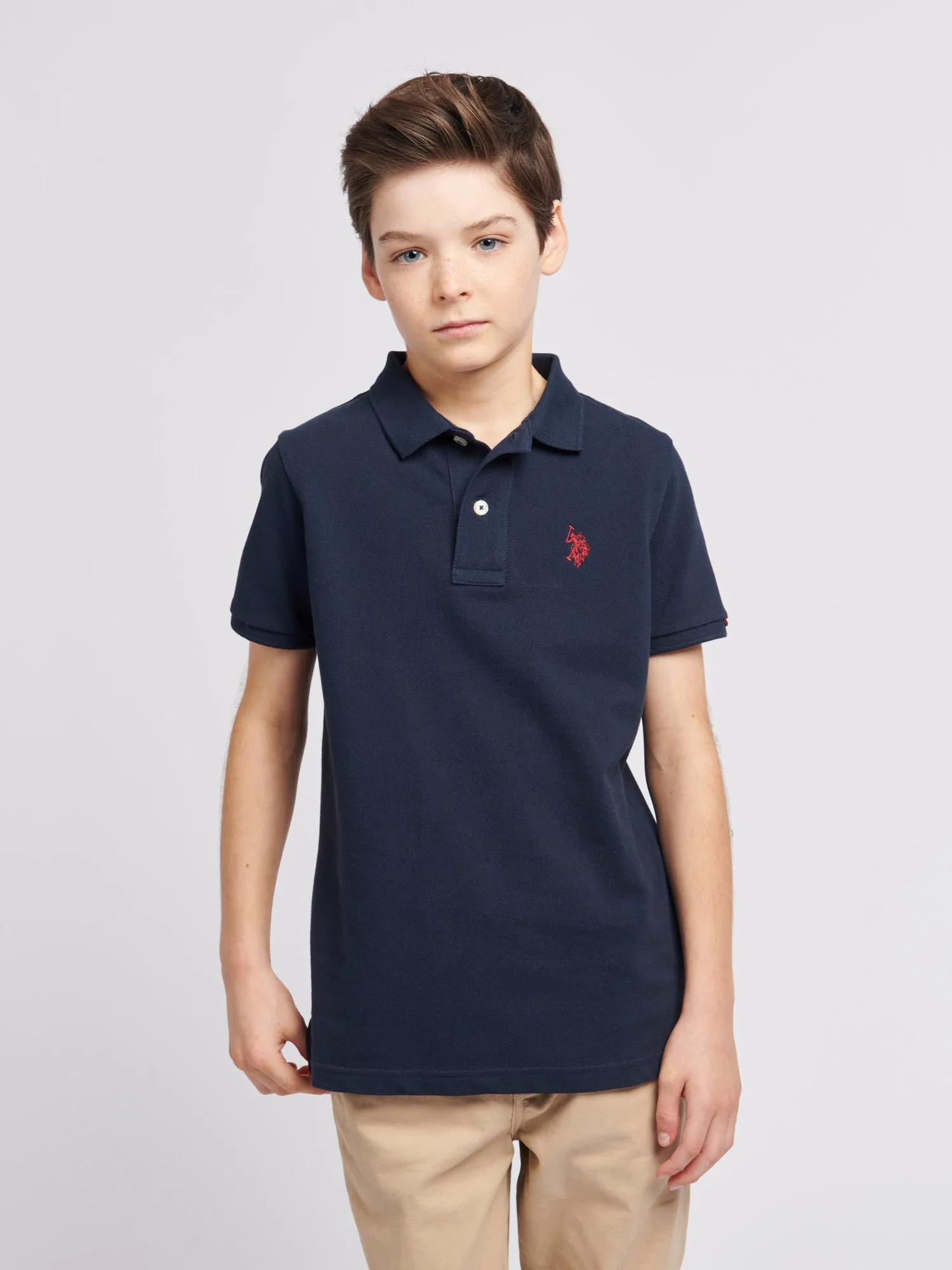 Boys Double Horsemen Polo Shirt in Dark Sapphire Navy / Haute Red DHM