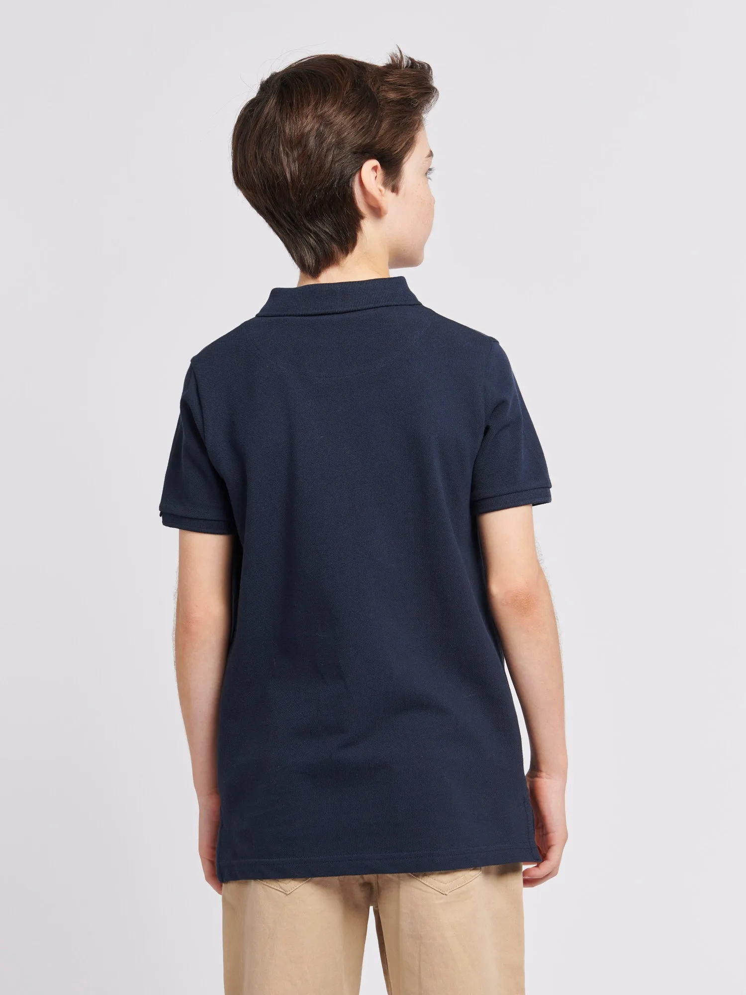 Boys Double Horsemen Polo Shirt in Dark Sapphire Navy / Haute Red DHM