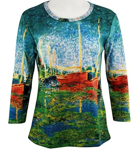 Breeke Red Boats in Argenteuil, Scoop Neck Silk Screened 3/4 Sleeve Art Theme Top