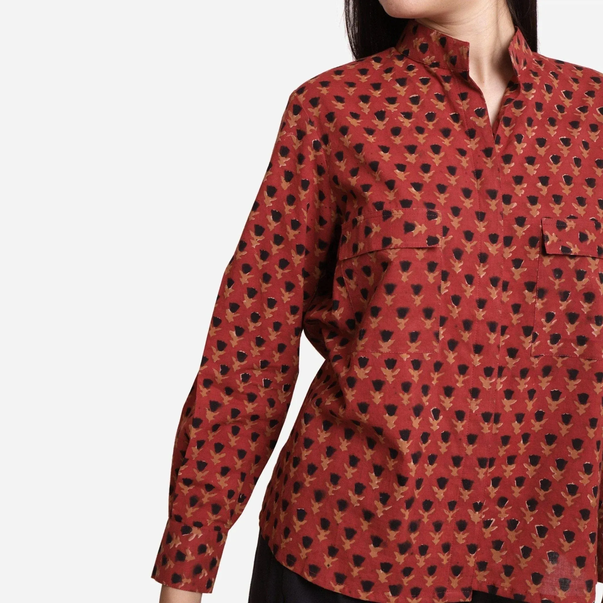 Brick Red Bagru Block Print Mandarin Collar Cotton Shirt