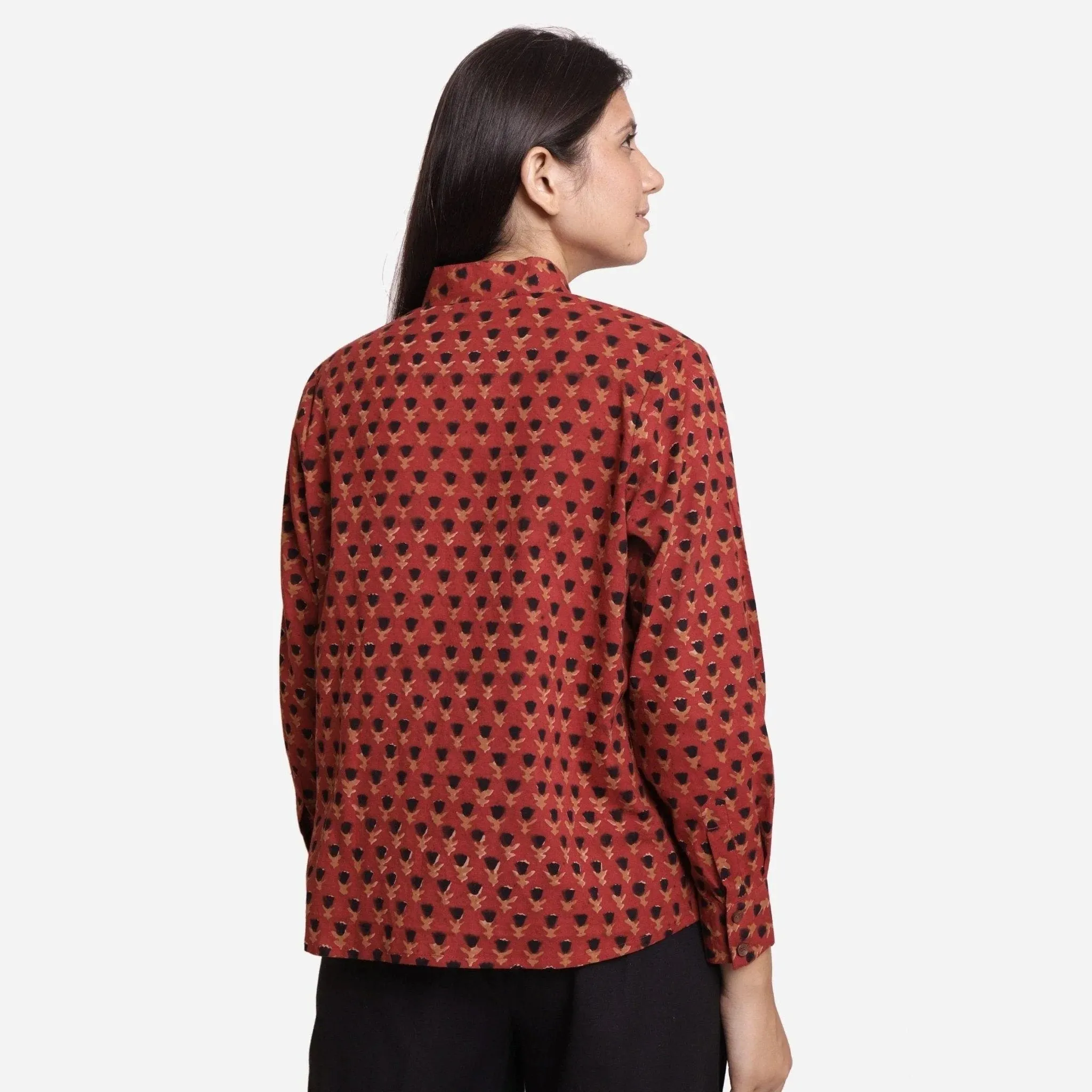 Brick Red Bagru Block Print Mandarin Collar Cotton Shirt