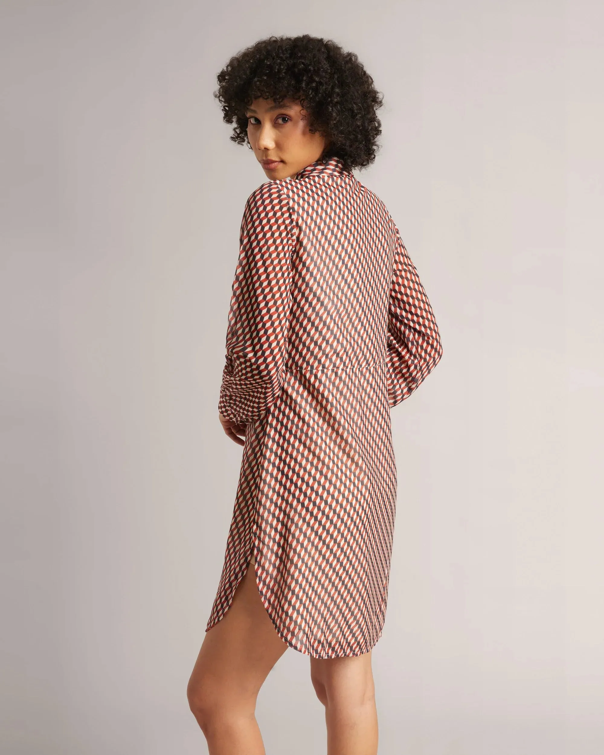 Brown Georgette Geometric Front Tie-Up Mini Shirt Dress