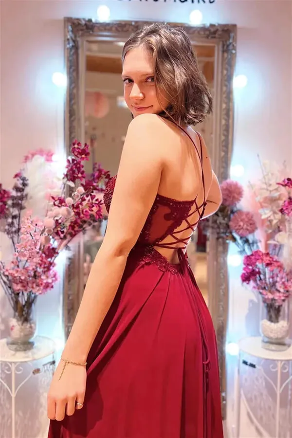 Burgundy A-line V-neck Slit Long Prom Dresses With Lace Appliques, SP961