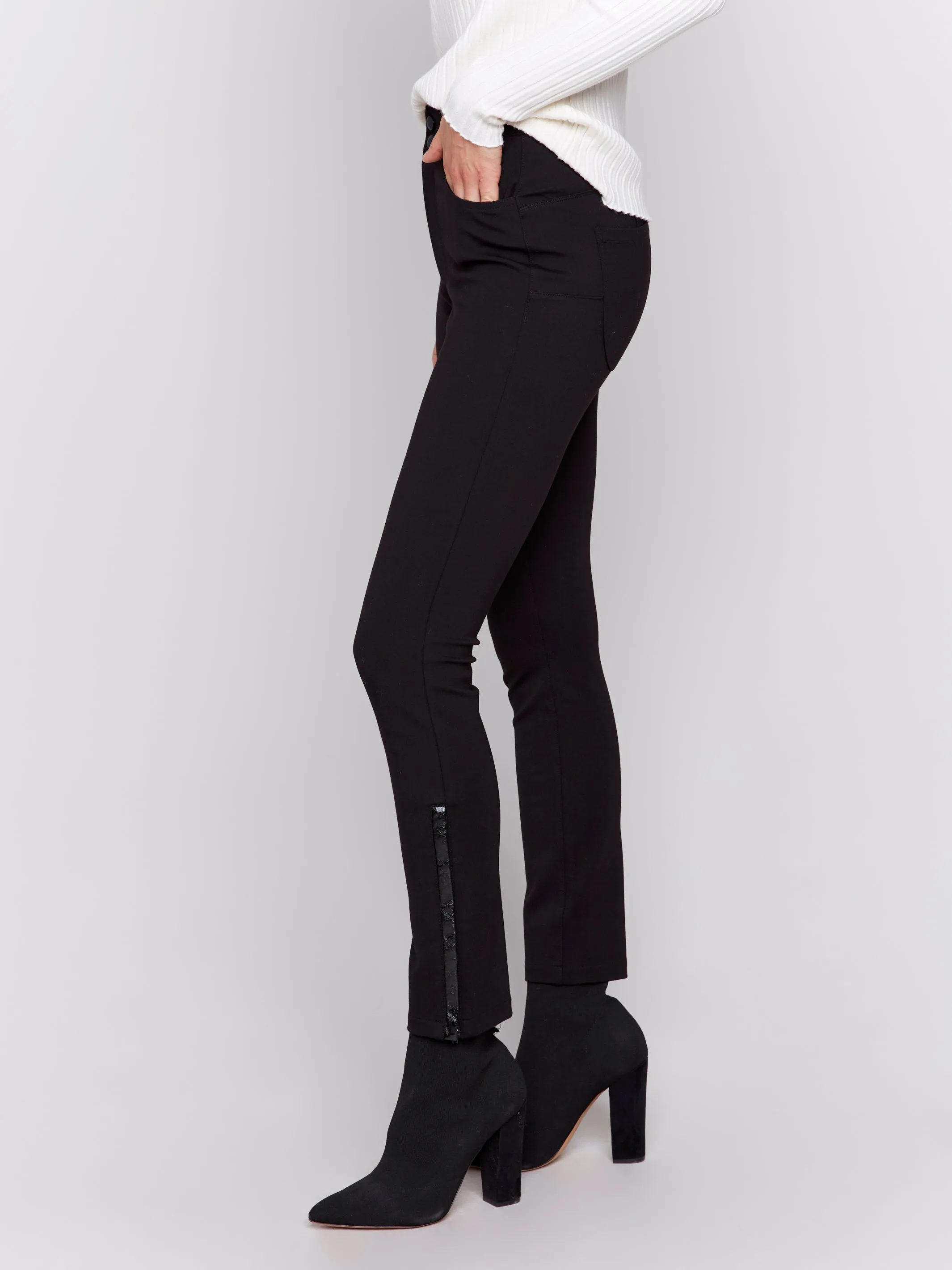 C5561/633B Pants with Pockets & Pleather Details/Noir, Black