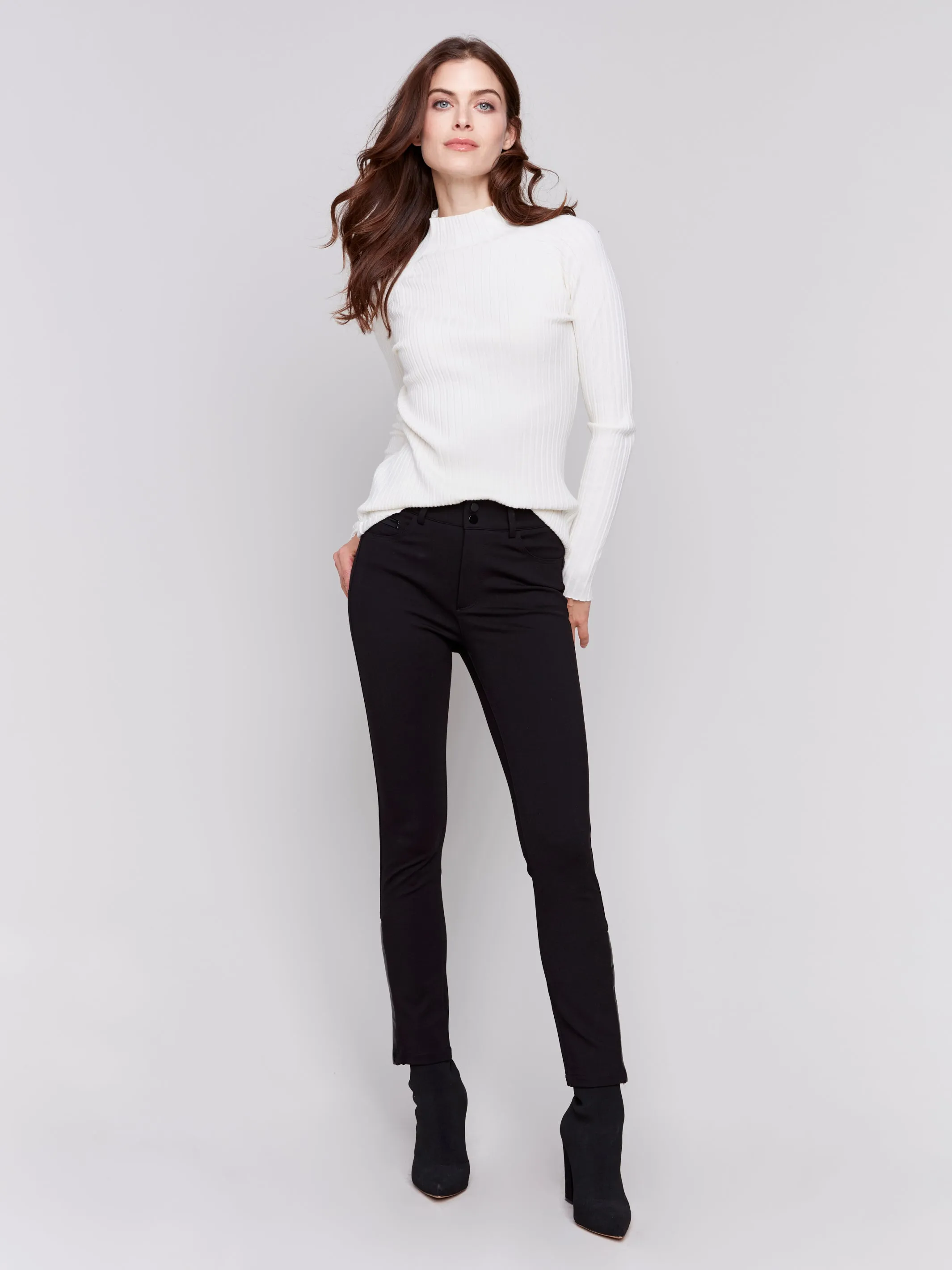 C5561/633B Pants with Pockets & Pleather Details/Noir, Black