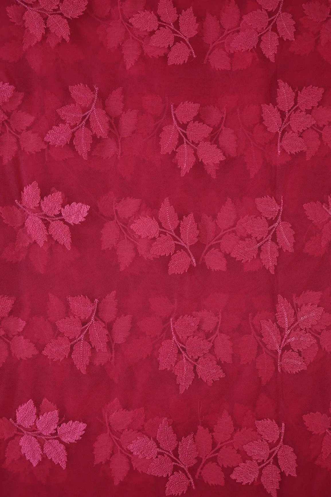 Cherry Red Thread With Sequins Leafy Embroidery Work On Cherry Red Soft Net Fabric