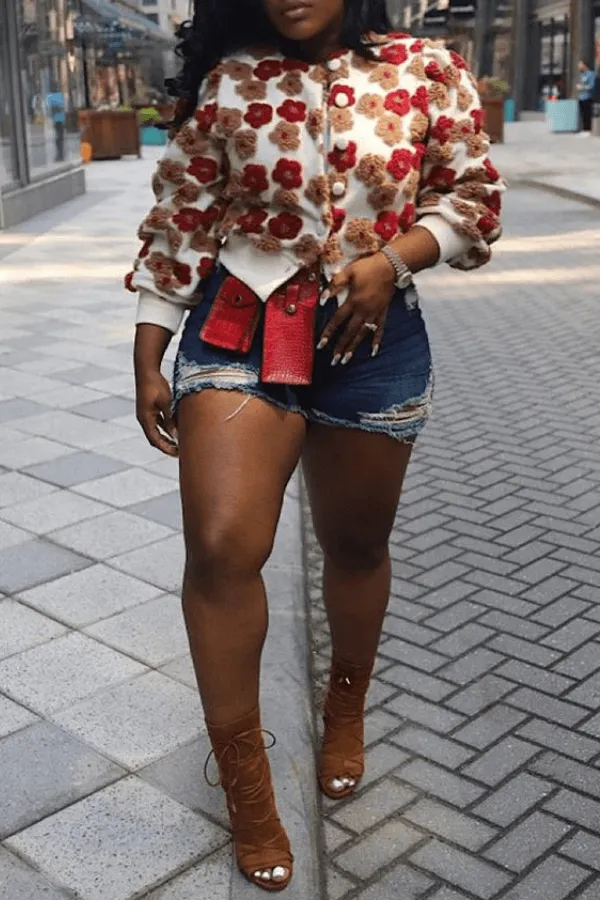 Chic 3D Floral Detail Button Up Jacket