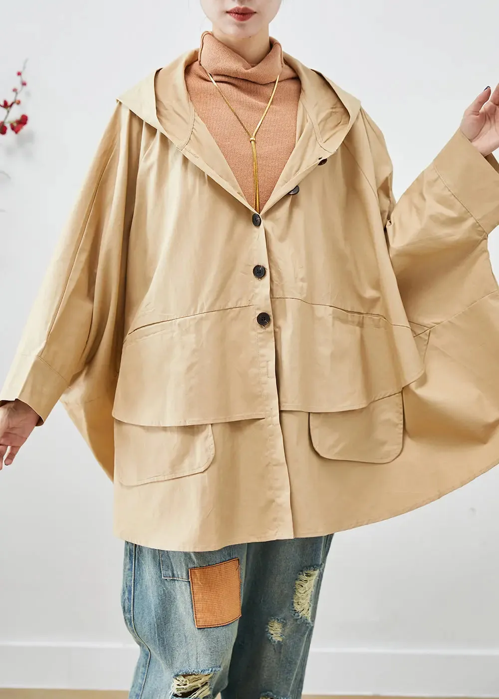 Chic Khaki Oversized Patchwork Cotton Coats Batwing Sleeve ML3270