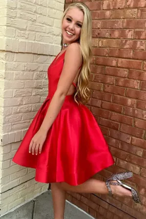 Cute Red Satin A-line V-neck Spaghetti Straps Short Homecoming Dresses, SH597