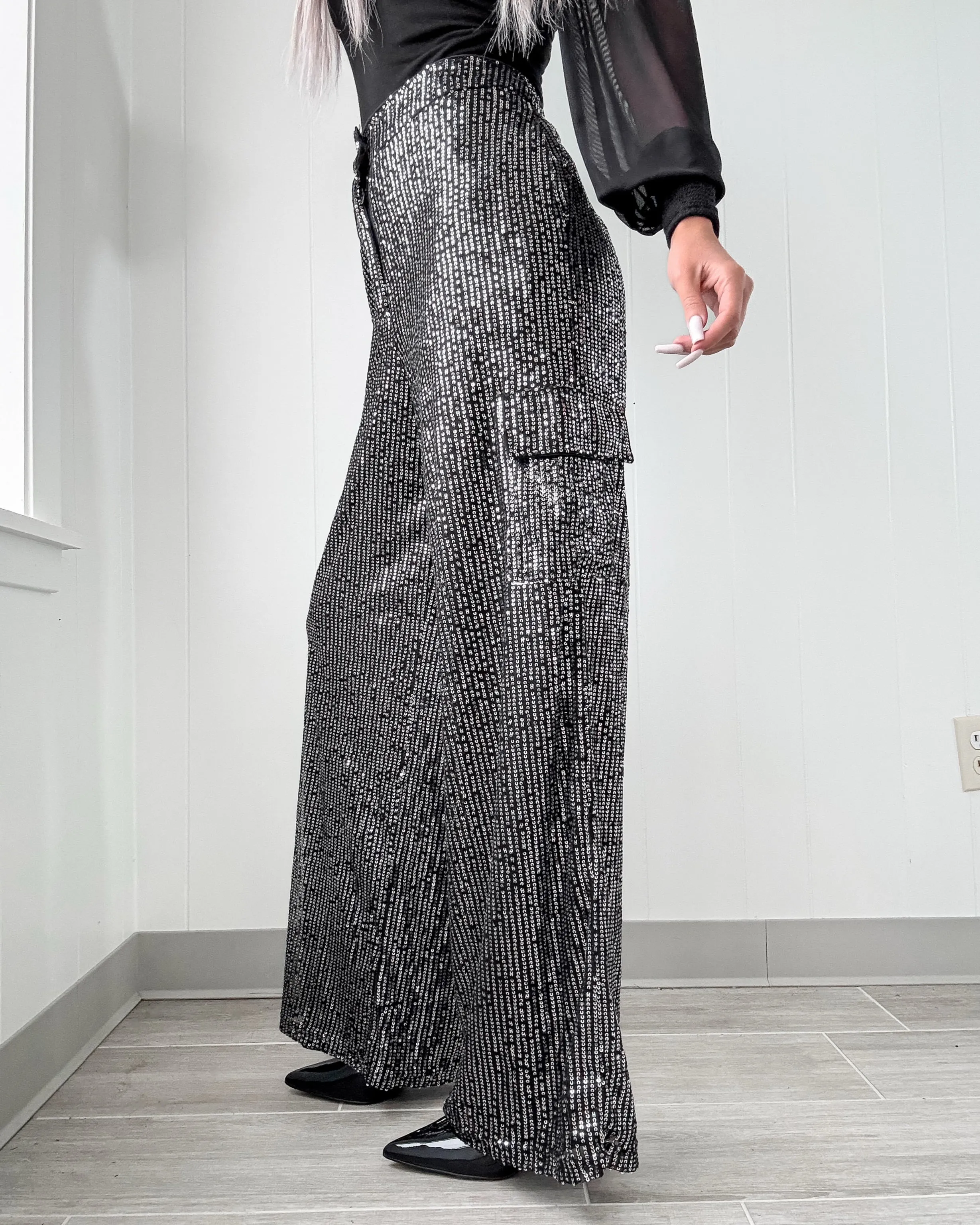 Dark Dazzle Sequin Wide Leg Pants - Silver