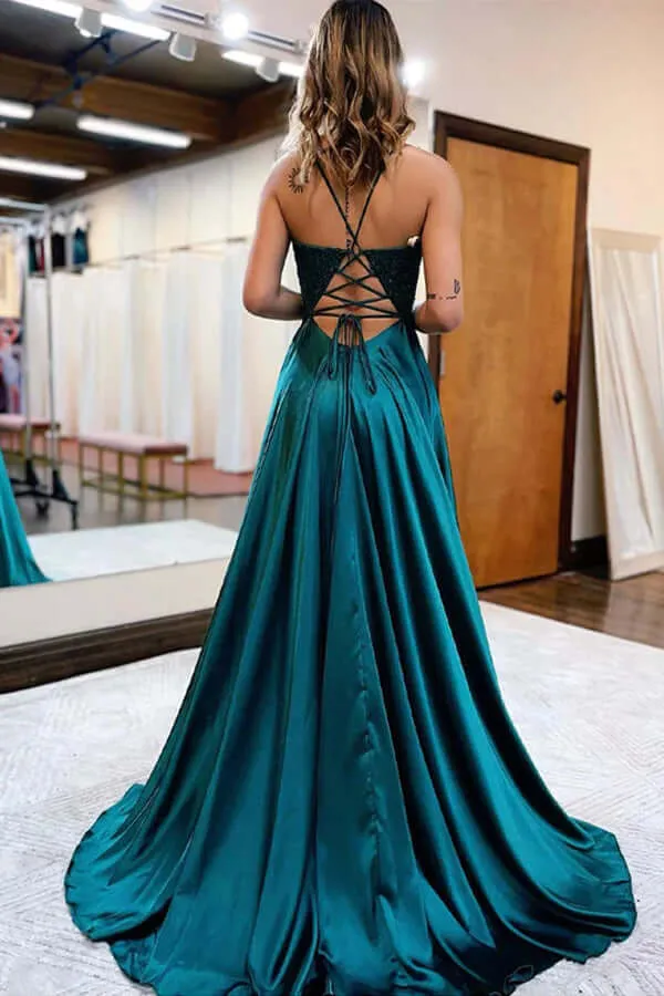 Dark Green Satin A-line V-neck Long Prom Dresses With Lace Appliques, SP938