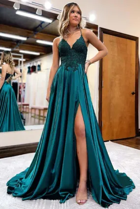 Dark Green Satin A-line V-neck Long Prom Dresses With Lace Appliques, SP938