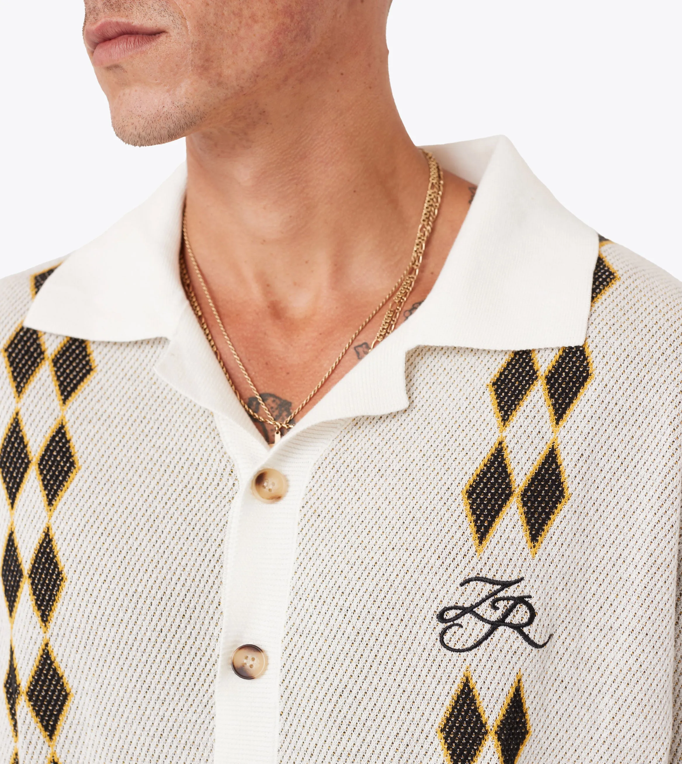 Diamond Bowling Knit Shirt Vintage White