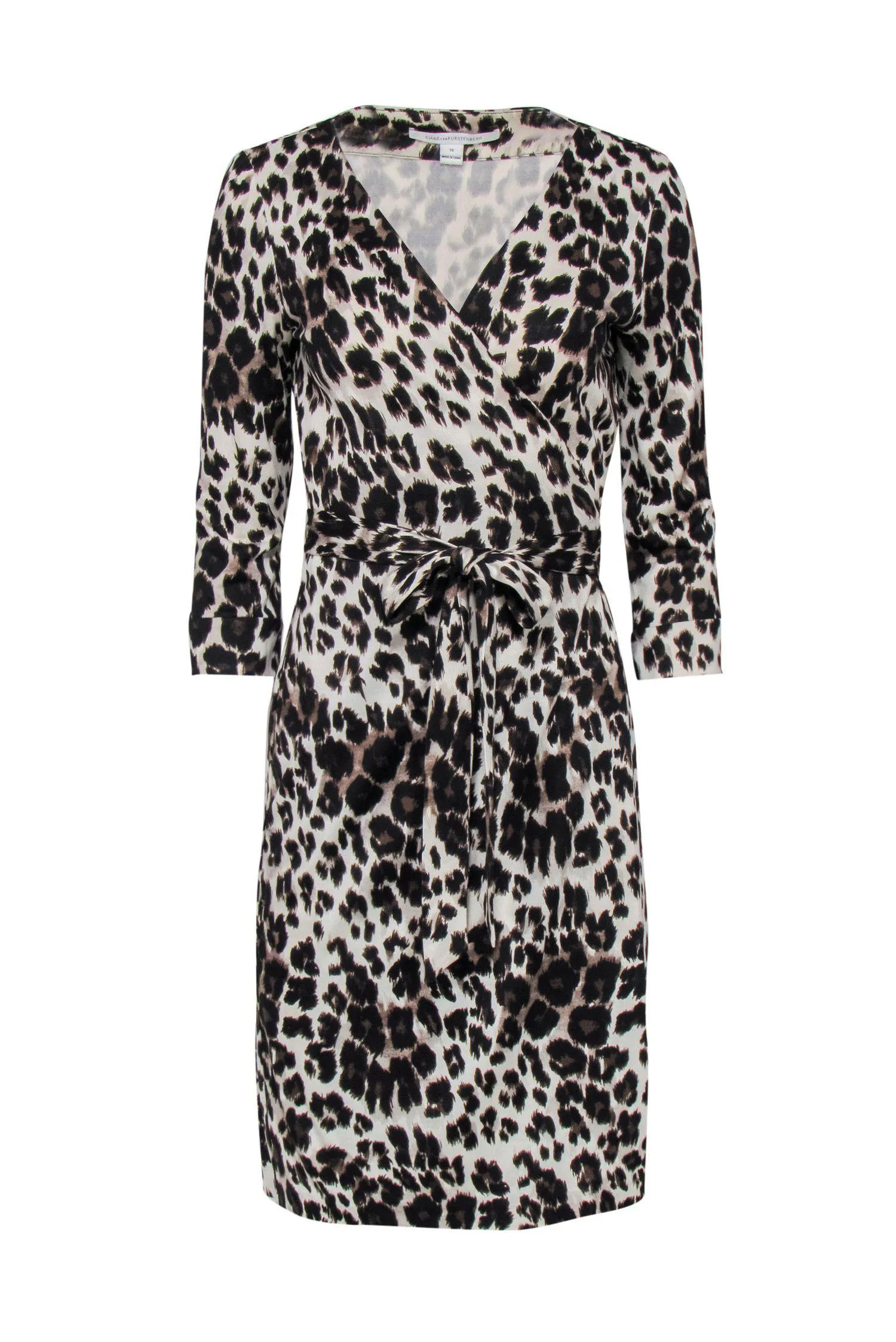 Diane von Furstenberg - Beige Leopard Print Long Sleeve Silk Wrap Dress Sz 10