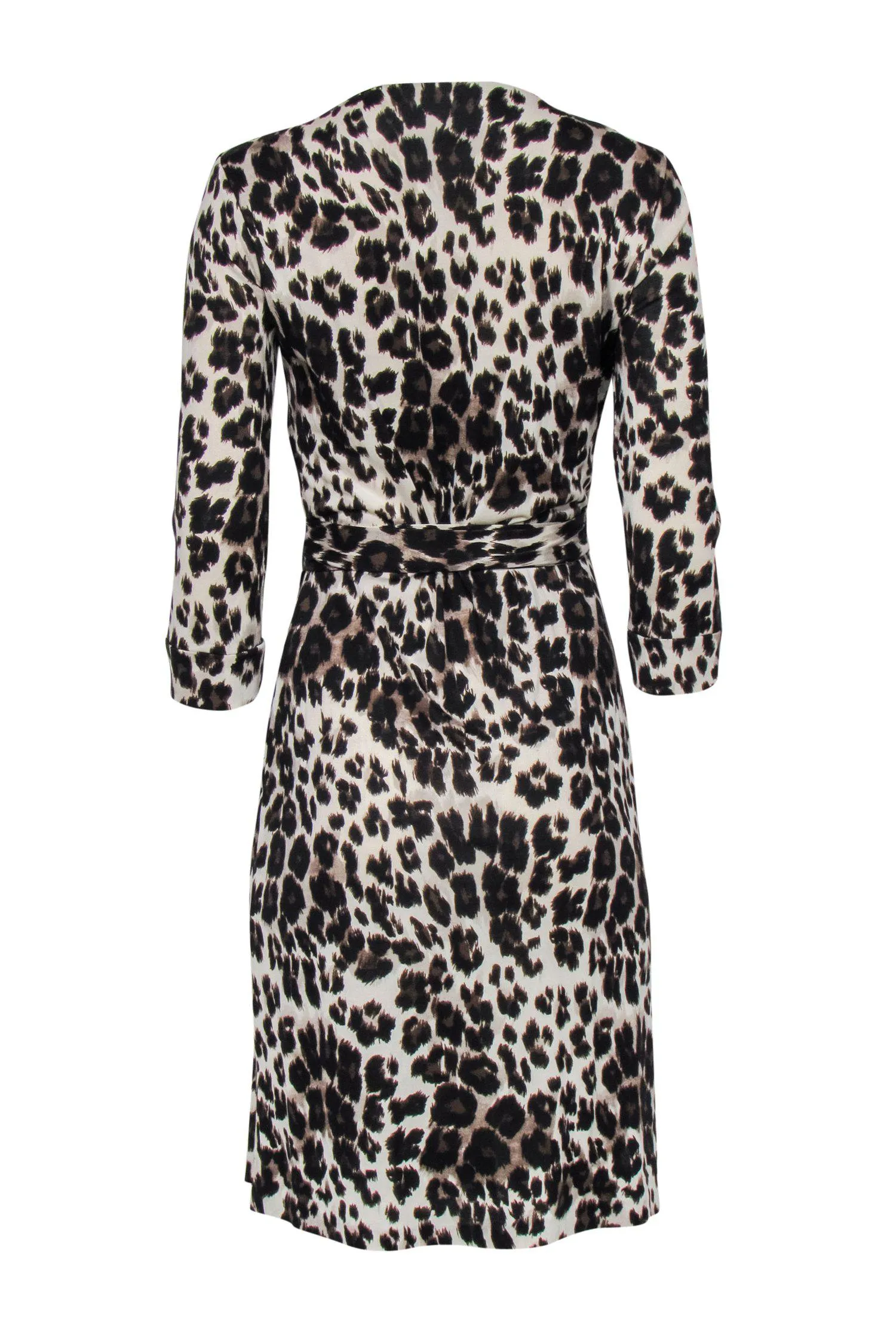 Diane von Furstenberg - Beige Leopard Print Long Sleeve Silk Wrap Dress Sz 10