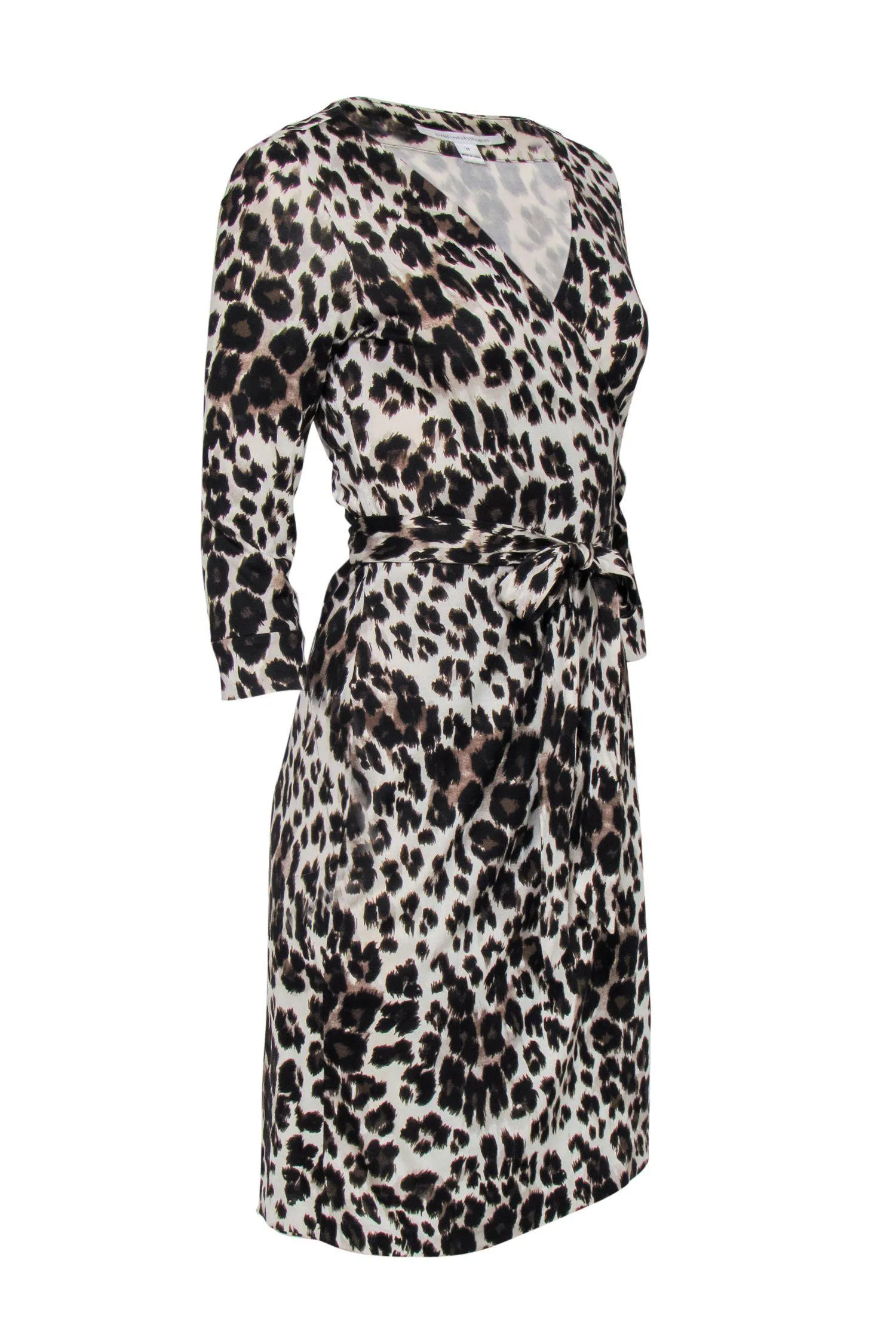 Diane von Furstenberg - Beige Leopard Print Long Sleeve Silk Wrap Dress Sz 10