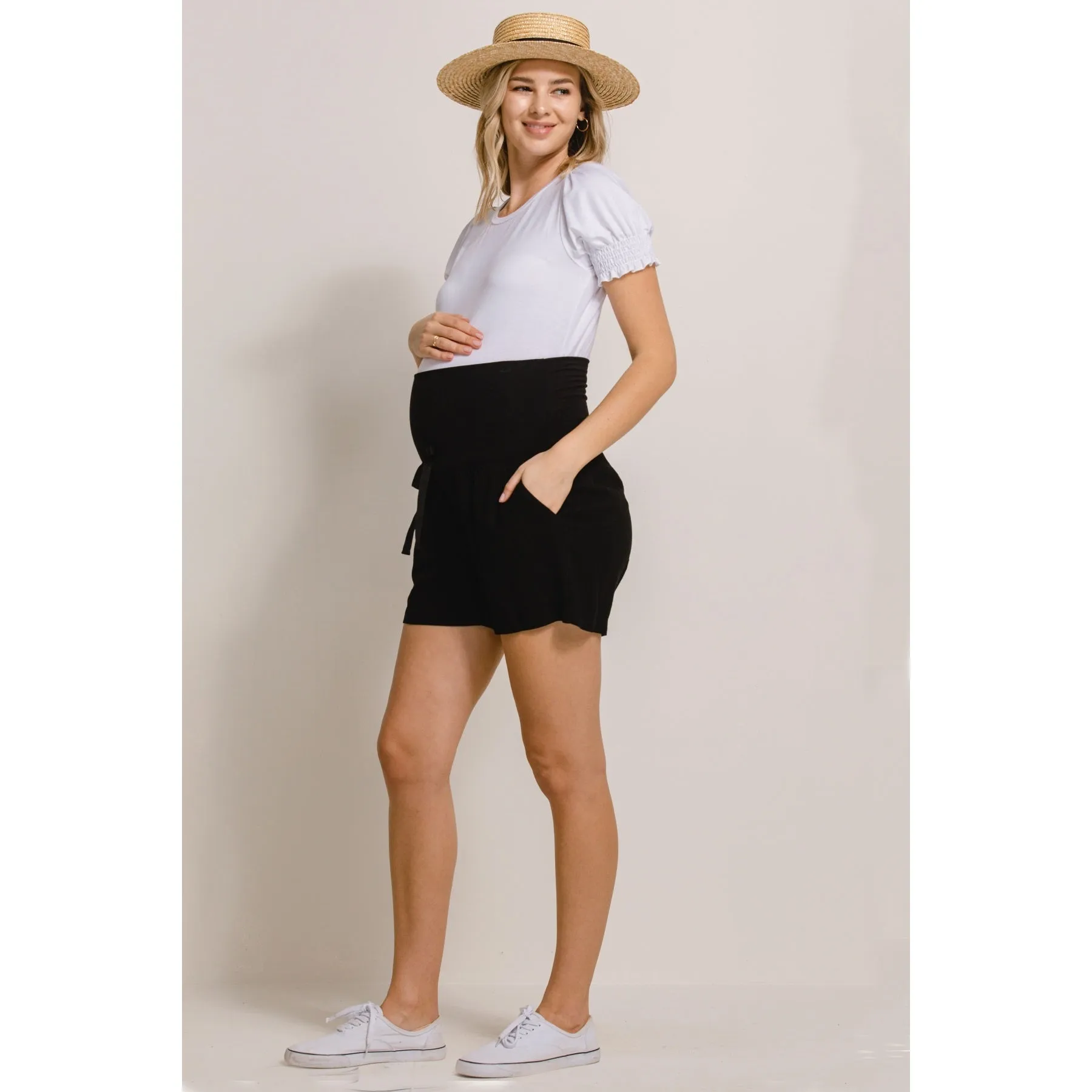 Draw String Pocket Maternity Shorts - Black