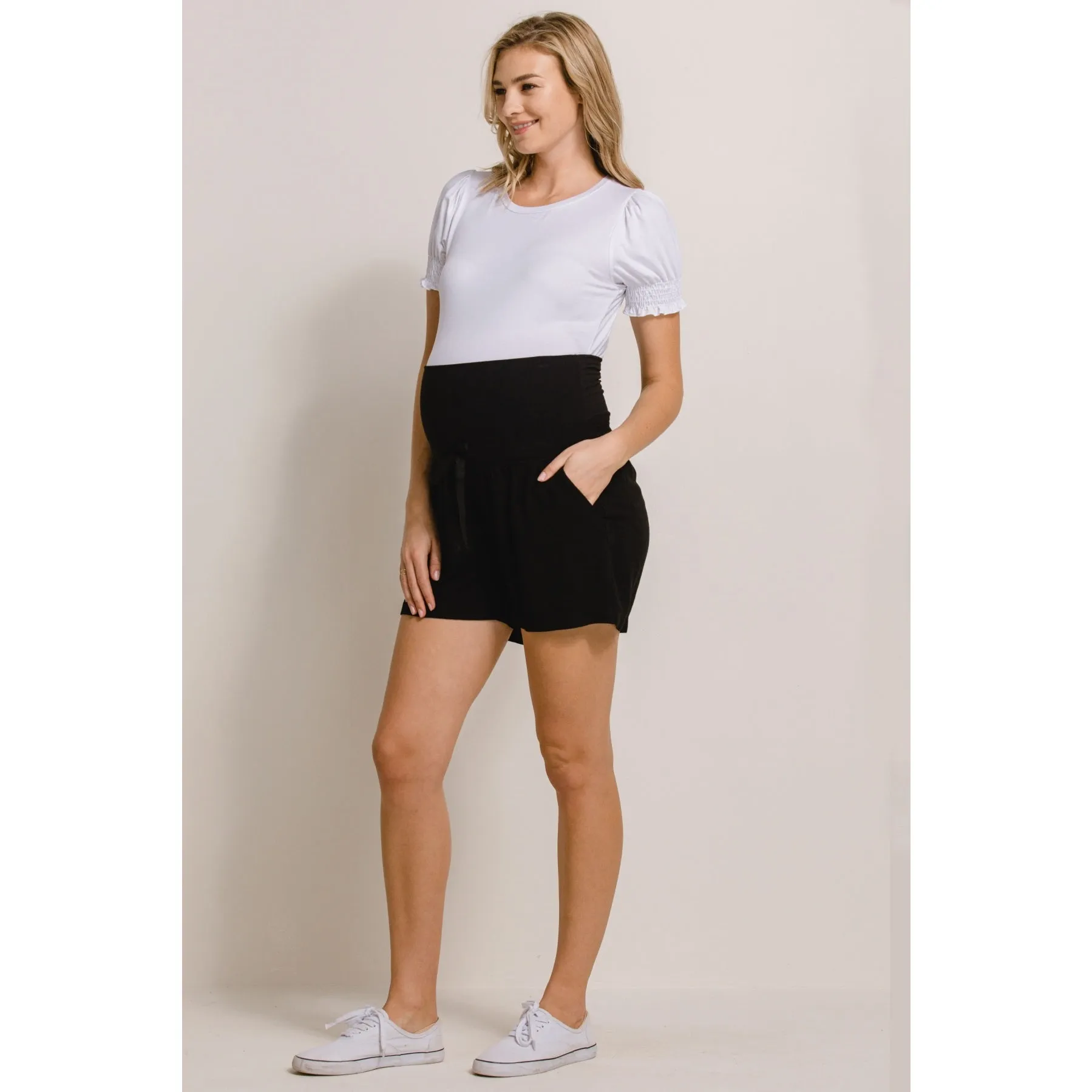 Draw String Pocket Maternity Shorts - Black