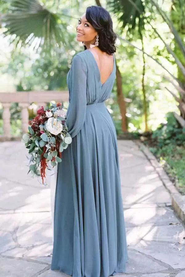 Dusty Blue Chiffon A-Line Long Sleeves Floor Length Bridesmaid Dresses, BD133